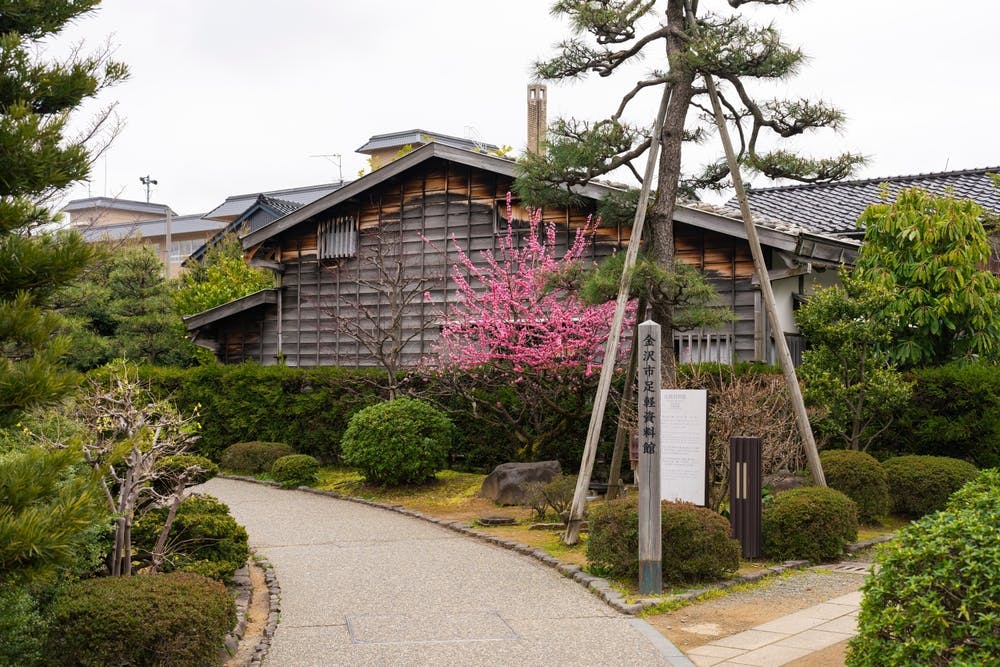 A traditional Japanese wooden house with a tiled roof is surrounded by lush greenery and a blooming pink tree. A stone pathway curves in front of the house, and a signpost stands near the entrance.