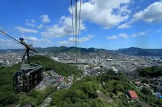 A cable car travels above a green hillside, overlooking a cityscape surrounded by mountains under a blue sky with scattered clouds.