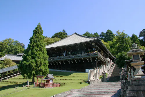 A traditional Japanese wooden temple stands elevated on a hill, surrounded by green trees and grass, with a stone staircase and lanterns leading up to the entrance under a clear blue sky.