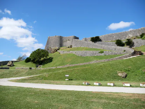 Ancient stone walls of a historic fortress wind up a grassy hill under a bright blue sky with scattered clouds. A tree and green lawn are in the foreground.