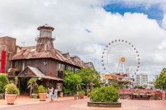 A rustic, weathered building surrounded by plants stands in the foreground, with a large Ferris wheel and city buildings visible in the background under a partly cloudy sky.