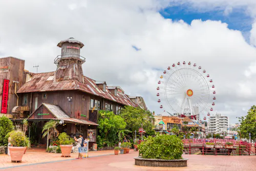 A rustic, weathered building surrounded by plants stands in the foreground, with a large Ferris wheel and city buildings visible in the background under a partly cloudy sky.