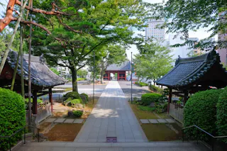 A stone pathway lined with trees and greenery leads to a traditional Japanese gate, with two ornate wooden structures on either side, set in a peaceful urban park.