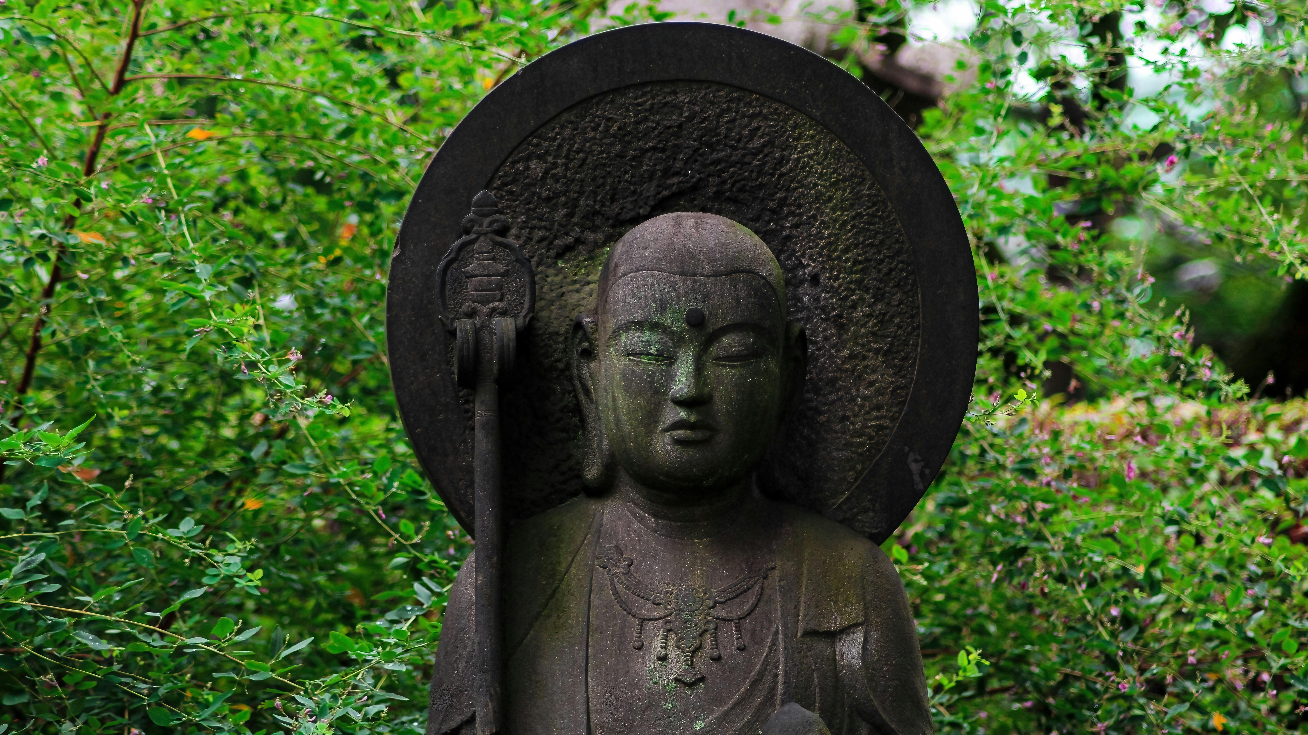 A stone statue of a serene, robed figure with a rounded halo and staff, surrounded by lush green foliage in an outdoor setting.