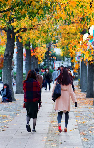 Ikebukuro People walk along a tree-lined path with autumn leaves, some trees with yellow and orange foliage. The sidewalk is busy, with more people in the distance, and colorful flags hang from poles along the path.