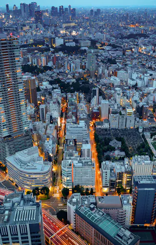 Ikebukuro Aerial view of a dense cityscape at dusk, featuring tall buildings, illuminated streets, and a blend of modern and older architecture, with city lights beginning to glow as night approaches.