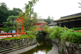 A tranquil scene of a Japanese shrine with a red torii gate, arched bridge, and traditional buildings beside a stone-lined stream, surrounded by trees and greenery.