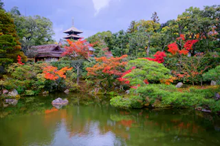 A serene Japanese garden with a small pond, vibrant autumn trees in red and orange hues, lush greenery, and a traditional wooden pagoda in the background under a cloudy sky.