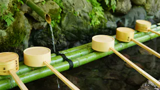 Traditional Japanese bamboo ladles resting on bamboo poles at a purification fountain, with water gently pouring from a spout, surrounded by green foliage and rocks.