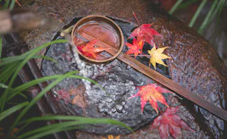 A wooden ladle rests on a wet stone beside flowing water, surrounded by red and yellow maple leaves, creating a serene autumn scene.
