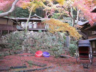 A traditional Japanese courtyard in autumn with colorful maple leaves, stone steps, two parasols (one purple, one red) on the ground, a small waterfall, and wooden buildings surrounding the serene scene.