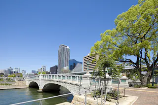 A stone bridge crosses a river in a modern city, surrounded by tall buildings and lush green trees under a clear blue sky.