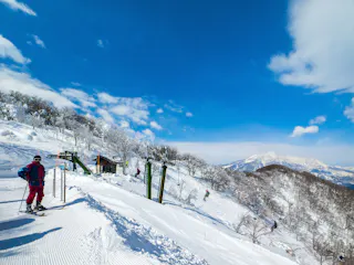Skiers on a snowy mountain slope near a ski lift, surrounded by snow-covered trees under a bright blue sky with scattered clouds; distant mountains are visible in the background.