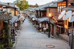 A narrow, stone-paved street lined with traditional wooden buildings and paper lanterns in a historic Japanese town, with a few people walking in the distance and warm streetlights illuminating the scene.