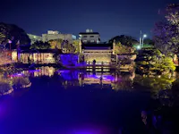 A tranquil garden at night with traditional Asian architecture, illuminated buildings, and vibrant purple reflections on a calm pond, surrounded by trees and city structures in the background.