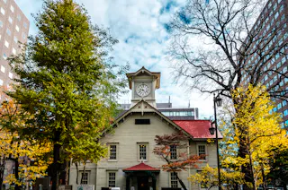 A historic wooden clock tower building with a red roof stands among trees with autumn leaves, surrounded by modern tall buildings under a partly cloudy sky.
