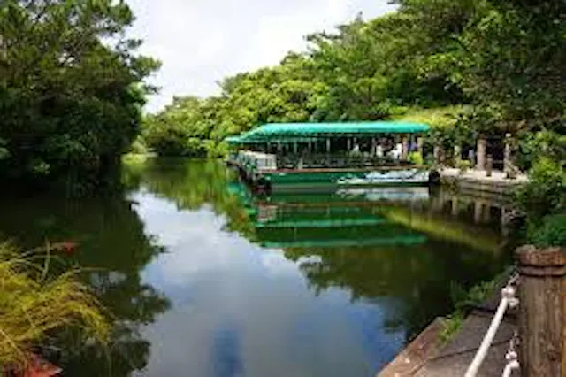 A green boat with a canopy is docked on a calm river surrounded by lush green trees, with reflections visible in the water under a partly cloudy sky.