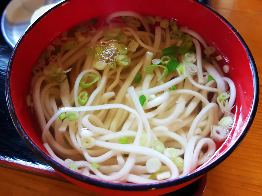 A red bowl filled with clear broth and thick white udon noodles, topped with chopped green onions. The bowl sits on a wooden surface, partially shown in the background.