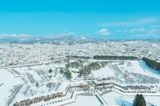 Aerial view of a snow-covered city with a star-shaped fort surrounded by trees in the foreground, under a clear blue sky and distant mountains.