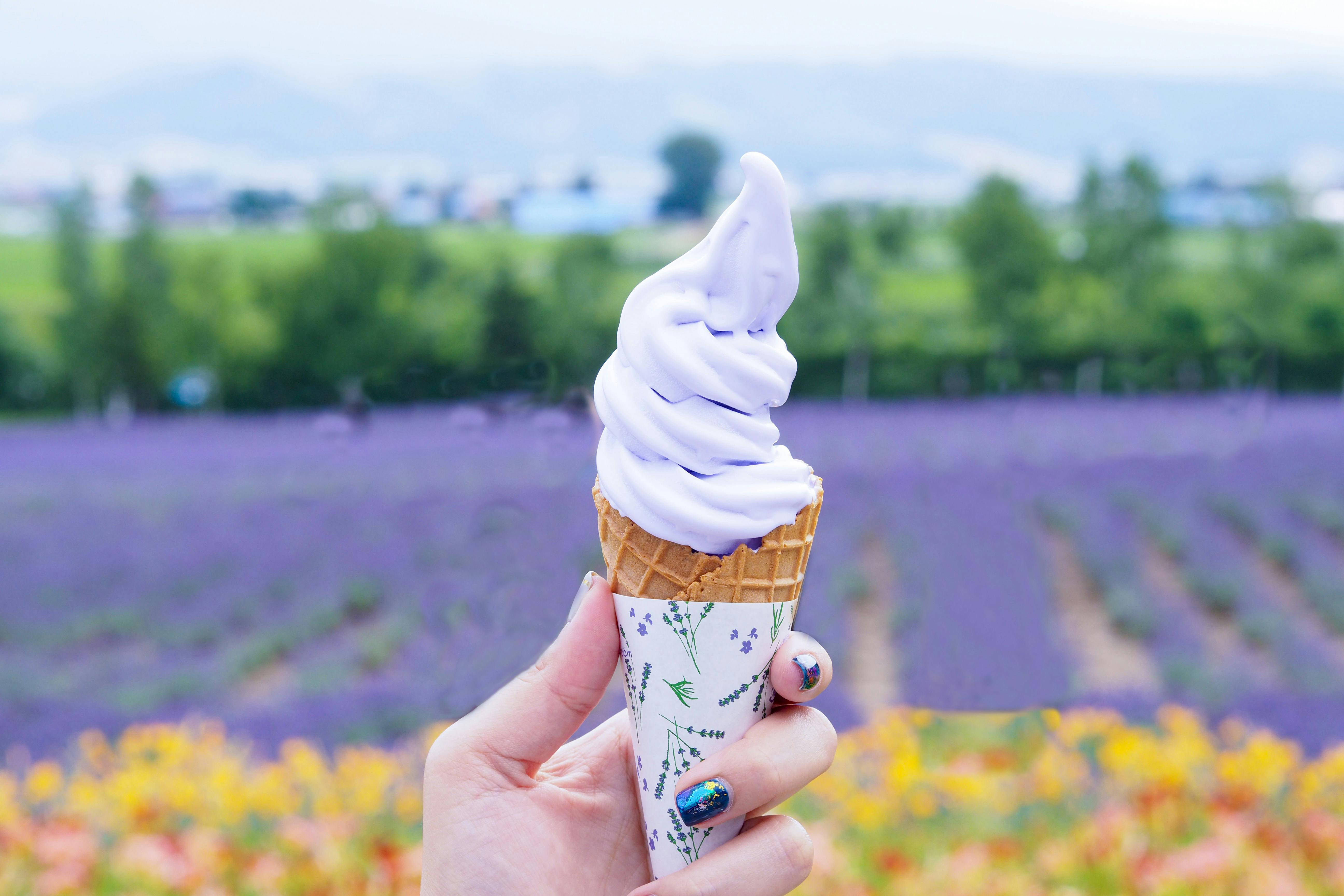 A hand holds a lavender soft serve ice cream cone with a lavender-themed wrapper in front of a colorful flower field, with blurred purple, yellow, and green rows in the background.