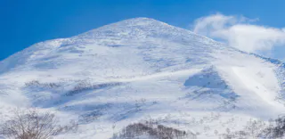 A snow-covered mountain under a clear blue sky, with faint ski or snowboard tracks visible on the snow and a few leafless trees scattered on the lower slopes.