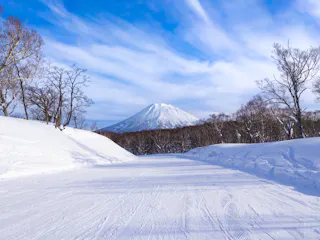 Snow-covered landscape with a clear, groomed path lined by bare trees, leading toward a distant, cone-shaped mountain under a blue sky with wispy clouds.