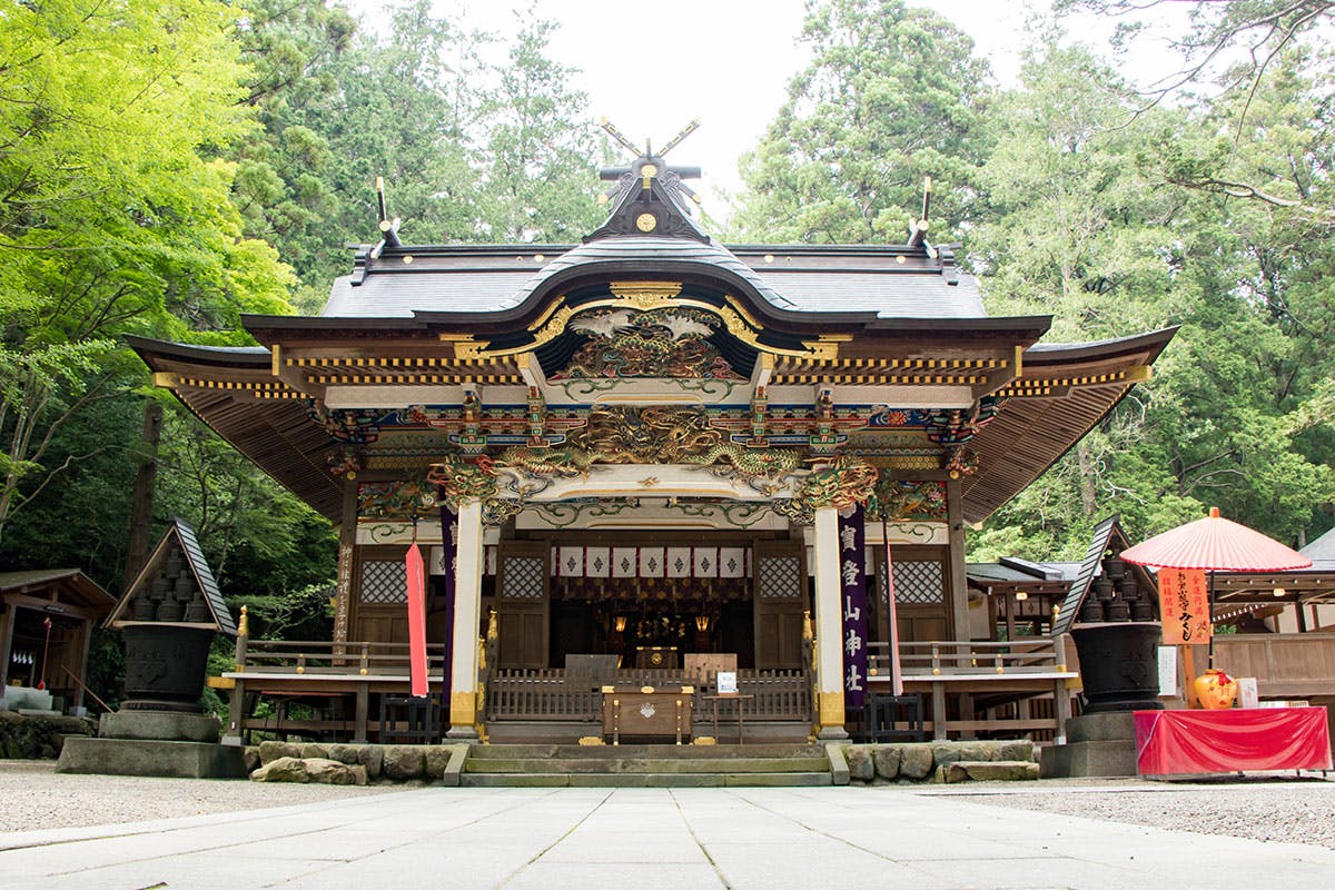A traditional Japanese Shinto shrine stands surrounded by trees. The ornate building features intricate wooden carvings, a curved roof, and stone lanterns, with a red umbrella and offerings visible to the right.