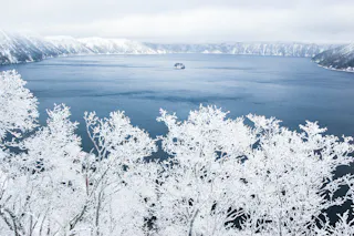 Snow-covered trees frame a large, deep blue lake with a small island in the center. Surrounding mountains are blanketed in snow under a cloudy sky, creating a serene winter landscape.