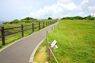A paved pathway bordered by wooden fences curves through a grassy field under a partly cloudy sky, with green shrubs and trees in the background. A small sign is visible near the fence on the right.