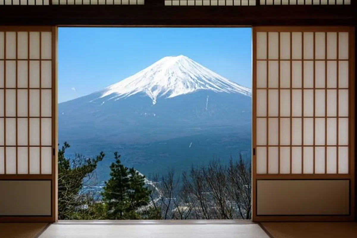 Private Mount Fuji Tour by Premium Car A traditional Japanese room with sliding shoji doors open to reveal a view of Mount Fuji. The mountain is snow-capped under a clear blue sky, framed by the wooden structure and elements of nature like trees.