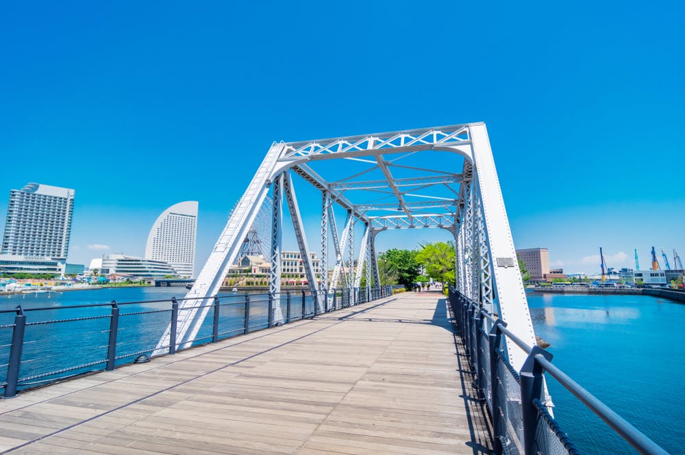 A white steel pedestrian bridge crosses over calm water, with modern buildings and skyscrapers in the background under a clear blue sky.