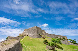 A stone fortress stands atop a grassy hill under a bright blue sky with scattered clouds. Small trees and shrubs grow near the base of the ancient walls. A dirt path leads up the hill toward the structure.
