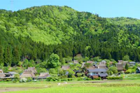 A traditional Japanese village with thatched-roof houses sits at the base of a lush, green forested mountain under a clear blue sky. Grassy fields fill the foreground.