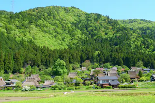 A traditional Japanese village with thatched-roof houses sits at the base of a lush, green forested mountain under a clear blue sky. Grassy fields fill the foreground.