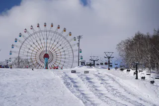 A snowy ski slope with people skiing and riding chairlifts. In the background, there is a large Ferris wheel with colorful gondolas. Leafless trees border the right side of the scene under a partly cloudy sky.