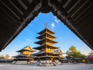 A traditional Japanese five-story pagoda and temple buildings are framed symmetrically by the wooden eaves of another structure, under a clear blue sky, with a few people walking in the courtyard.