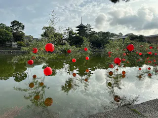 Red lanterns hang from bamboo over a calm pond, reflecting the lanterns, greenery, and a distant pagoda under a partly cloudy sky in a peaceful Japanese garden setting.
