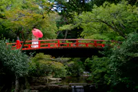 A person in white holding a red parasol stands on a bright red arched bridge surrounded by lush green trees over a calm stream in a peaceful garden setting.