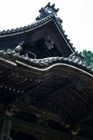 Close-up of the ornate, wooden roof of a traditional Japanese temple, with intricate carvings and curved tiles. Subtle raindrops fall against the dark wood, highlighting its aged texture.
