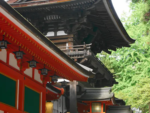 Isonokami Jingu Shrine A traditional Japanese shrine with ornate wooden roofs, red pillars, green panels, and stone steps. Lanterns line the pathway, and lush greenery surrounds the building.