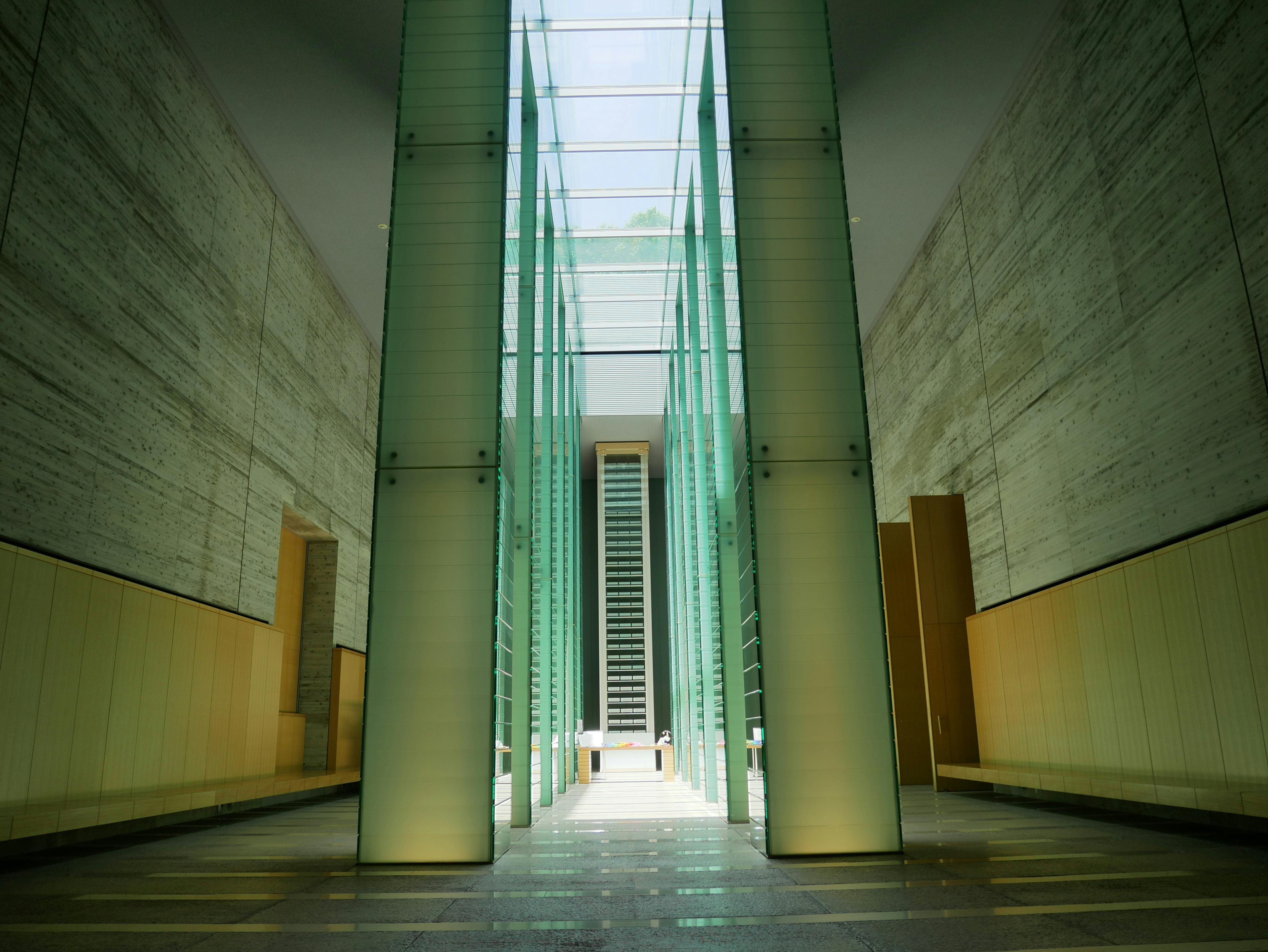 A modern, spacious hallway with tall frosted glass panels, high ceilings, and natural light streaming in from a skylight above, featuring clean lines and minimalist design.
