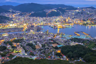 A panoramic view of a coastal city at dusk, with illuminated buildings and streets surrounding a harbor, and mountains in the background under a twilight sky.