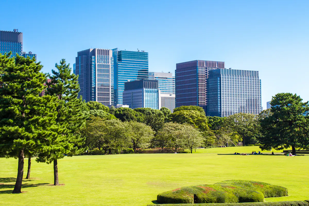 A city skyline with modern high-rise buildings contrasts against a lush, green park in the foreground. Clear blue sky and several trees in the park enhance the vibrant scene on a sunny day.