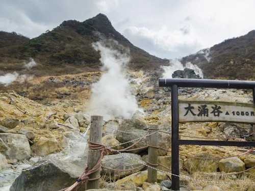 Owakudani A rocky, steaming volcanic landscape with a wooden sign in Japanese characters and a rope fence in the foreground, set against misty mountains and cloudy skies.