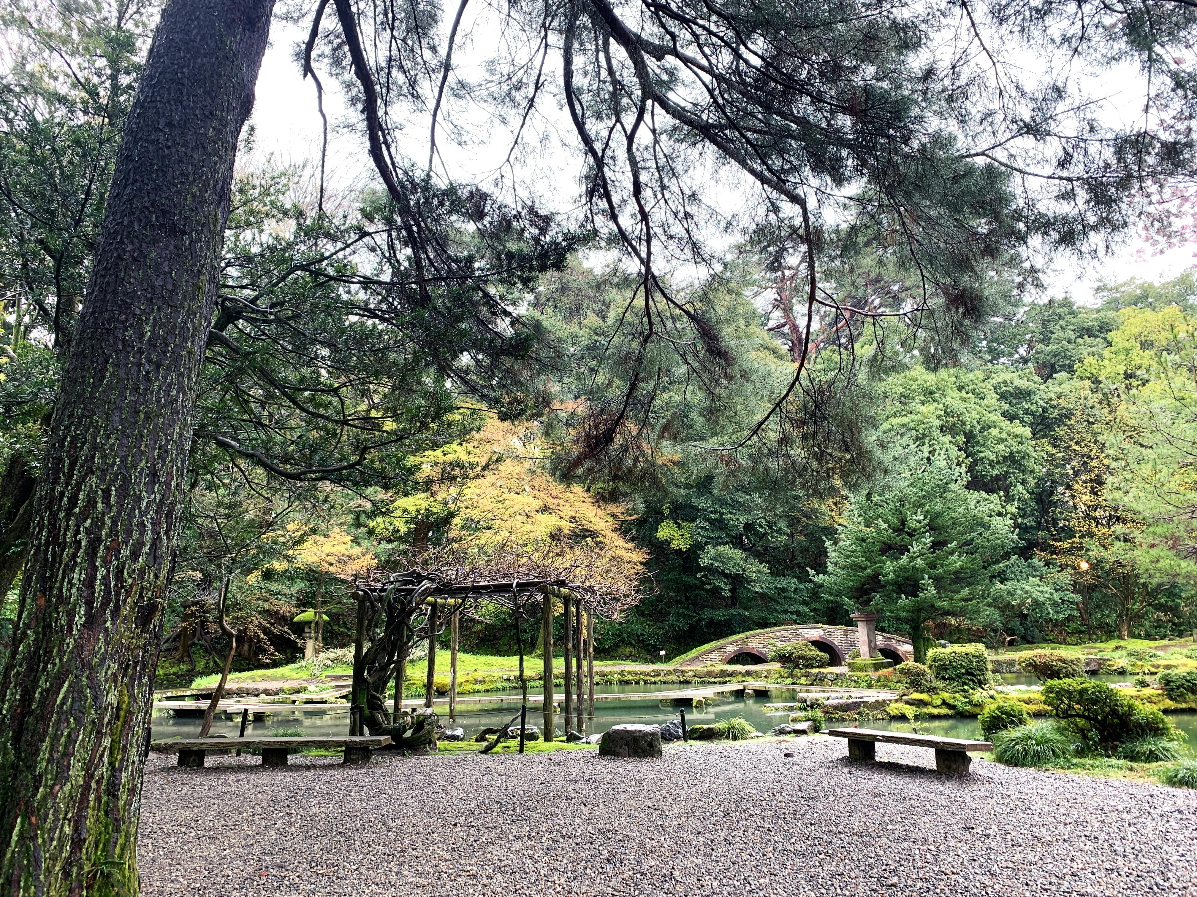 A tranquil Japanese garden featuring a pond, a small arched stone bridge, benches, and lush green trees. Gravel paths and moss-covered stones add to the peaceful, natural atmosphere.