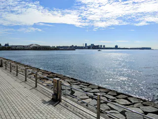 A waterfront promenade with a paved walkway and railing runs alongside calm water; a city skyline and a red bridge are visible in the distance under a bright, partly cloudy sky.