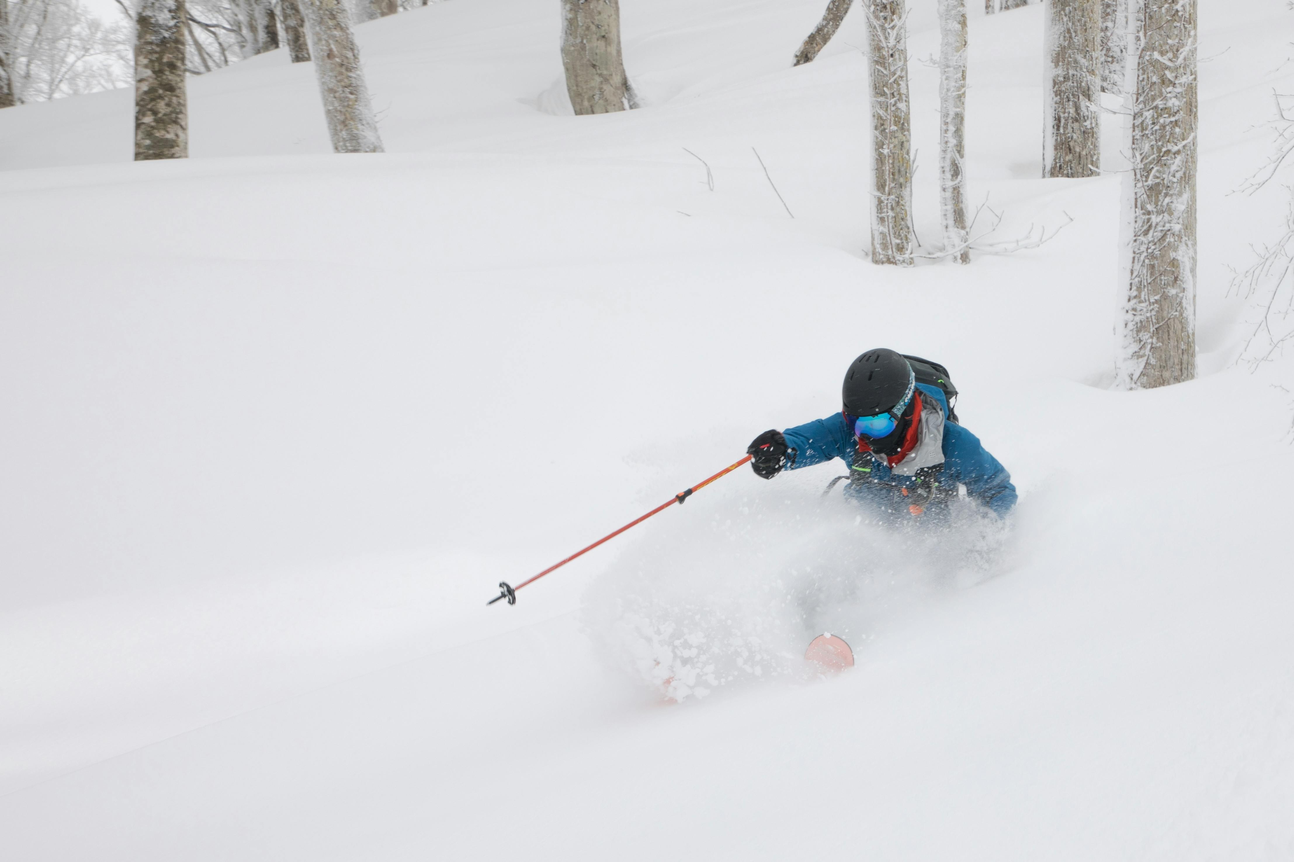 A skier wearing a blue jacket and black helmet swiftly moves through deep powder snow among snow-covered trees, creating a spray of snow as they descend a slope.