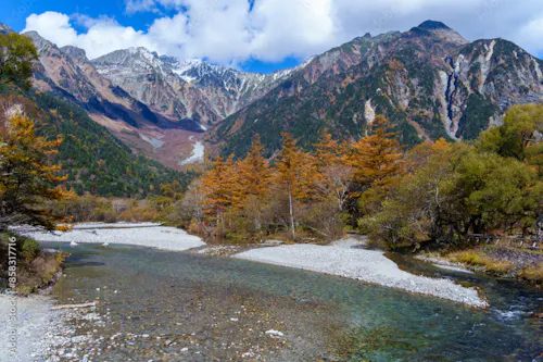 A clear river winds through a rocky bed surrounded by autumn trees with orange and yellow leaves, set against tall, rugged mountains with patches of snow under a blue sky with scattered clouds.