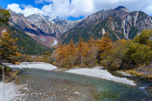 A clear river winds through a rocky bed surrounded by autumn trees with orange and yellow leaves, set against tall, rugged mountains with patches of snow under a blue sky with scattered clouds.