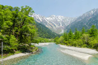 A clear river flows through a lush green valley, surrounded by trees, with snow-capped mountains in the background under a bright blue sky.